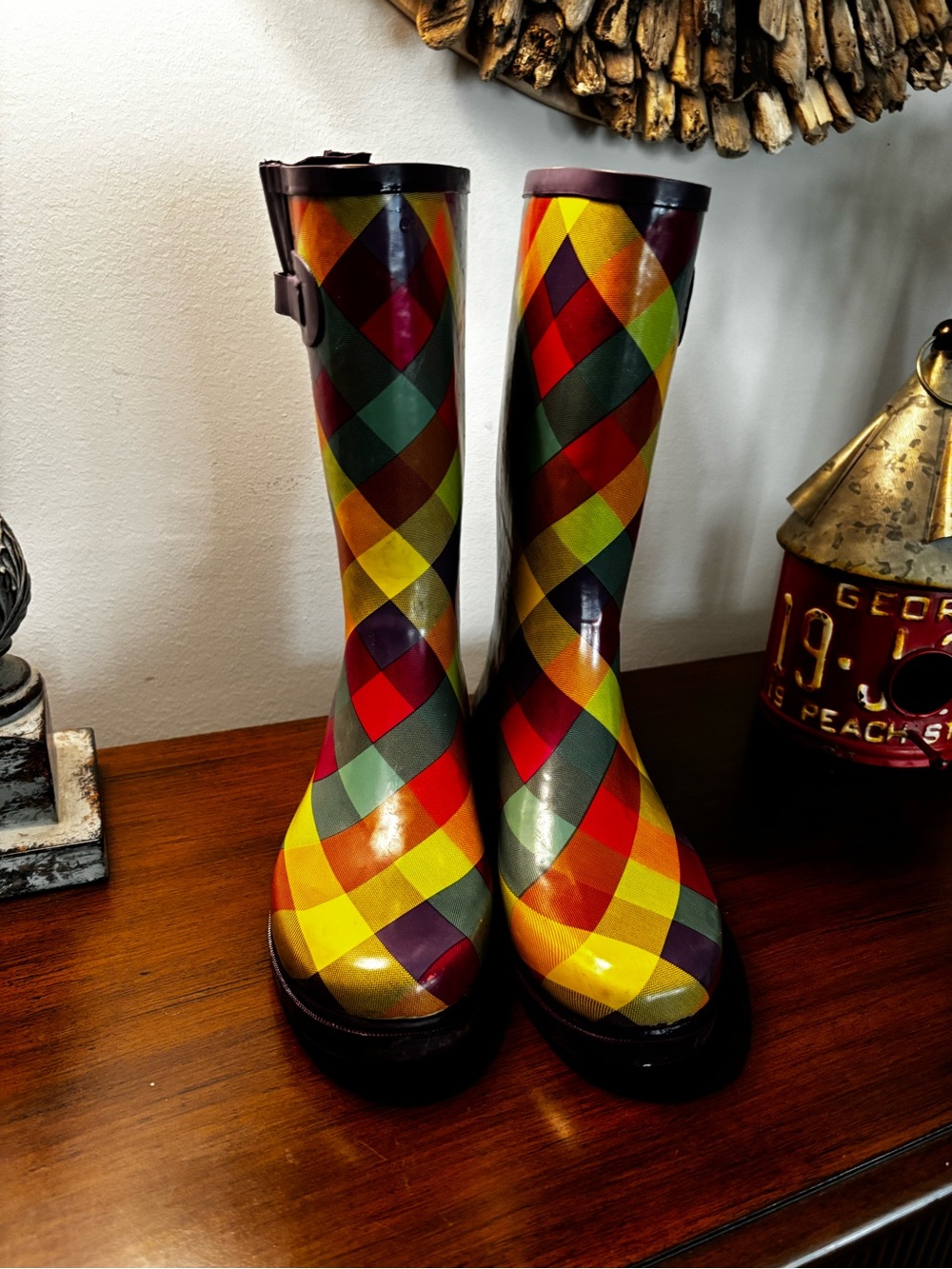 Women’s Merino Colorful Plaid Rain Boots weatherproof rainy day Size 8